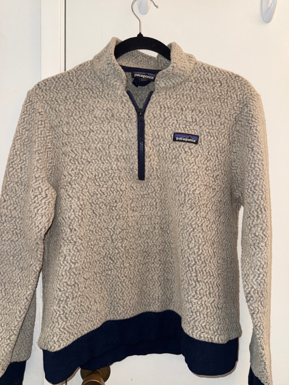 Patagonia Men’s Cream Sherpa Quarter-Zip with Navy Trim